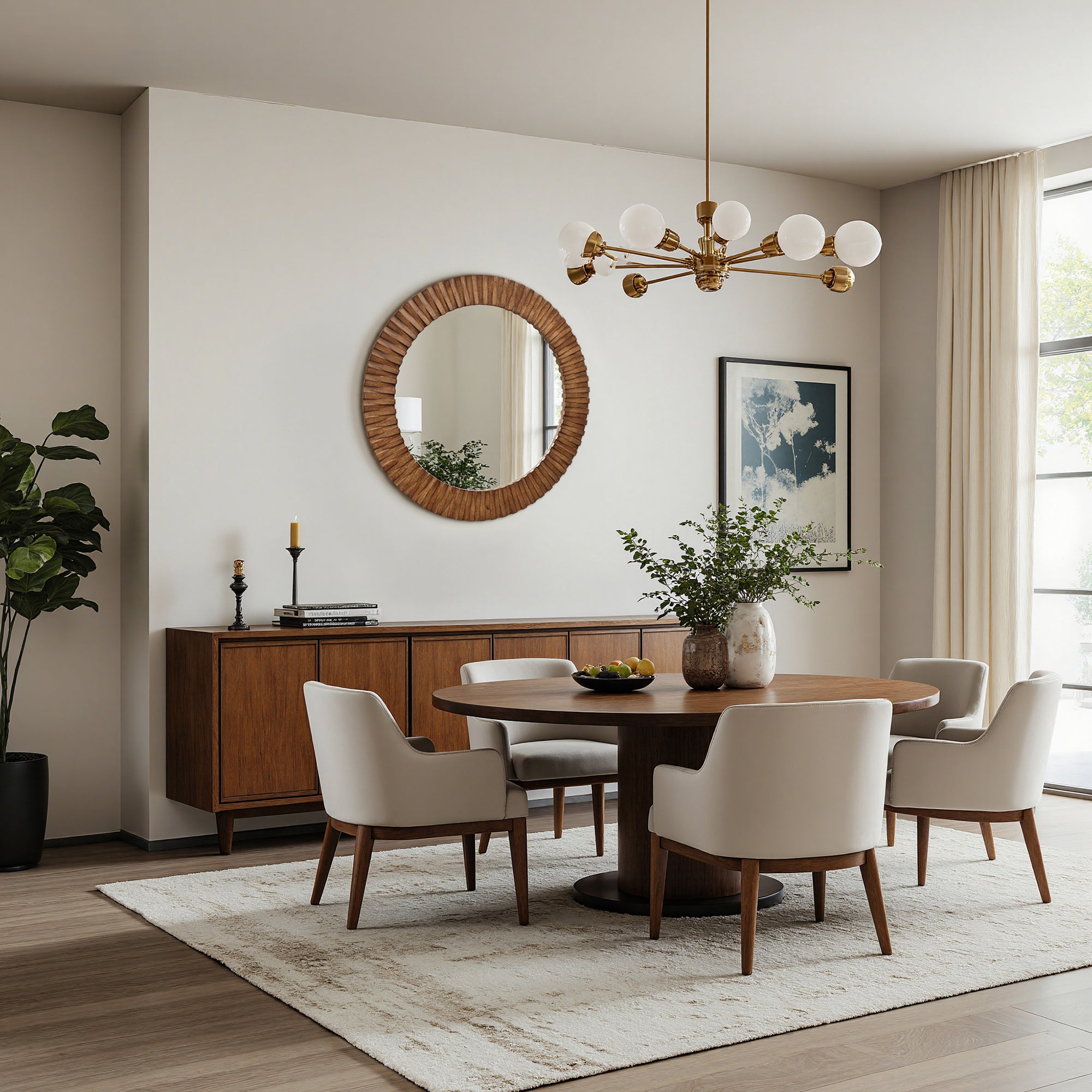 Runder Holz-Wandspiegel mit Strahlendesign – Rustikaler Deko-Spiegel