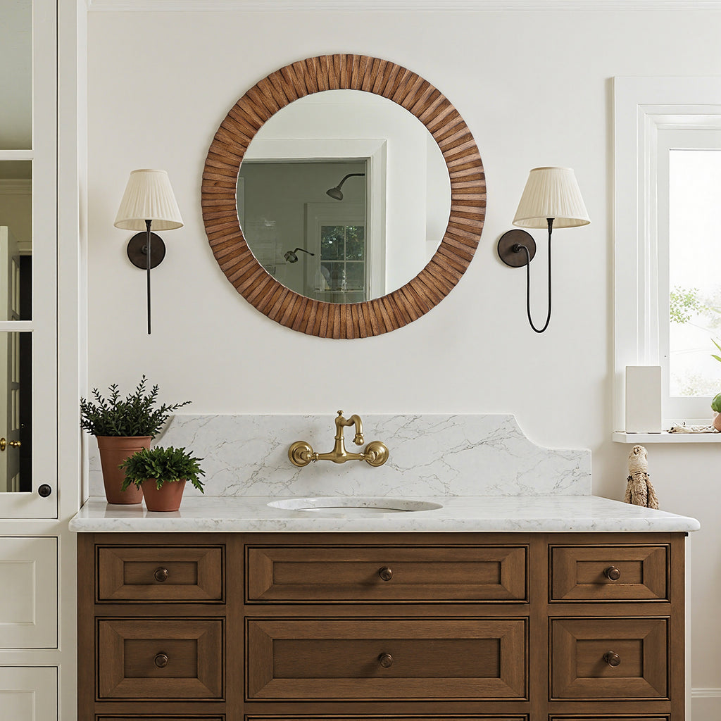 Runder Holz-Wandspiegel mit Strahlendesign – Rustikaler Deko-Spiegel