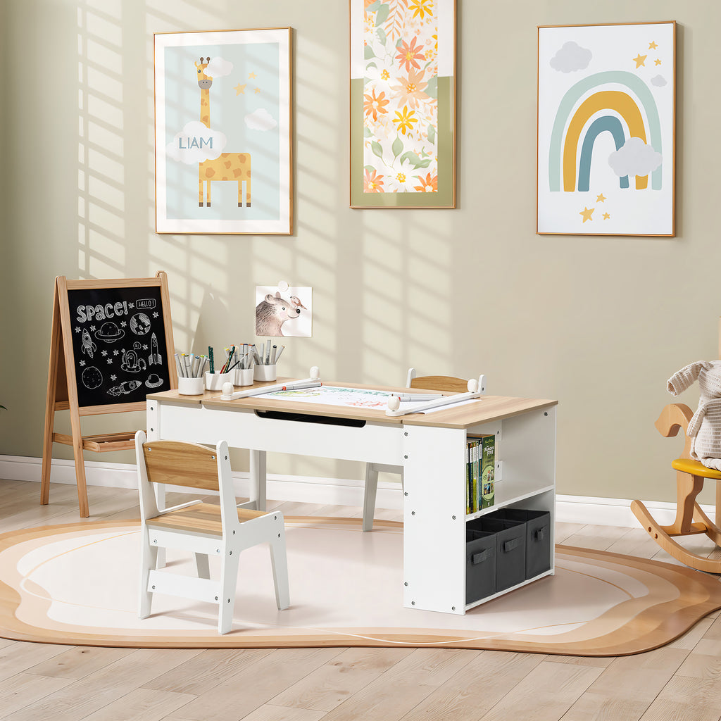 Kindertisch-Set mit 2 Stühlen, Papierrolle und Stauraum, Weiß/Natur