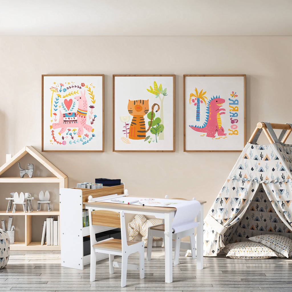 Kinder-Schreibtisch mit Bücherregal, 2 Stühlen und Papierrollenhalter, Weiß/Natur