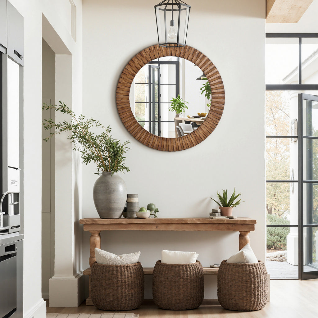 Runder Holz-Wandspiegel mit Strahlendesign – Rustikaler Deko-Spiegel