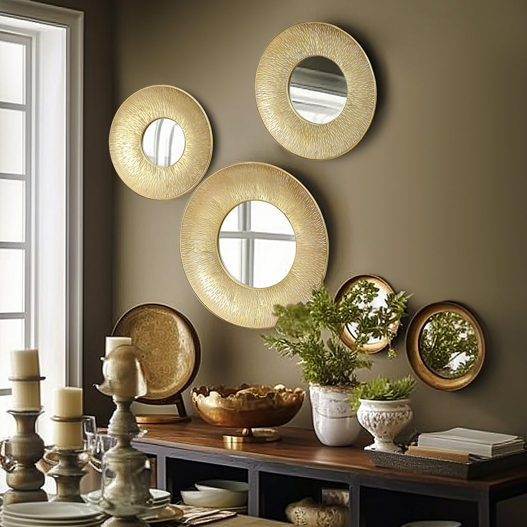 3-teiliges Goldenes Harz-Wandspiegel-Set – Runde Deko-Spiegel mit strukturiertem Rahmen