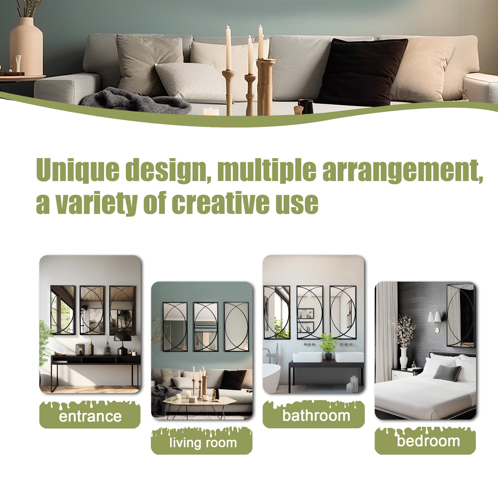 3-teiliges Wandspiegel-Set mit schwarzem Metallrahmen und geometrischem Design