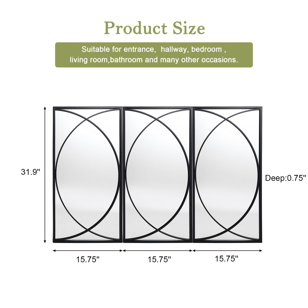 3-teiliges Wandspiegel-Set mit schwarzem Metallrahmen und geometrischem Design