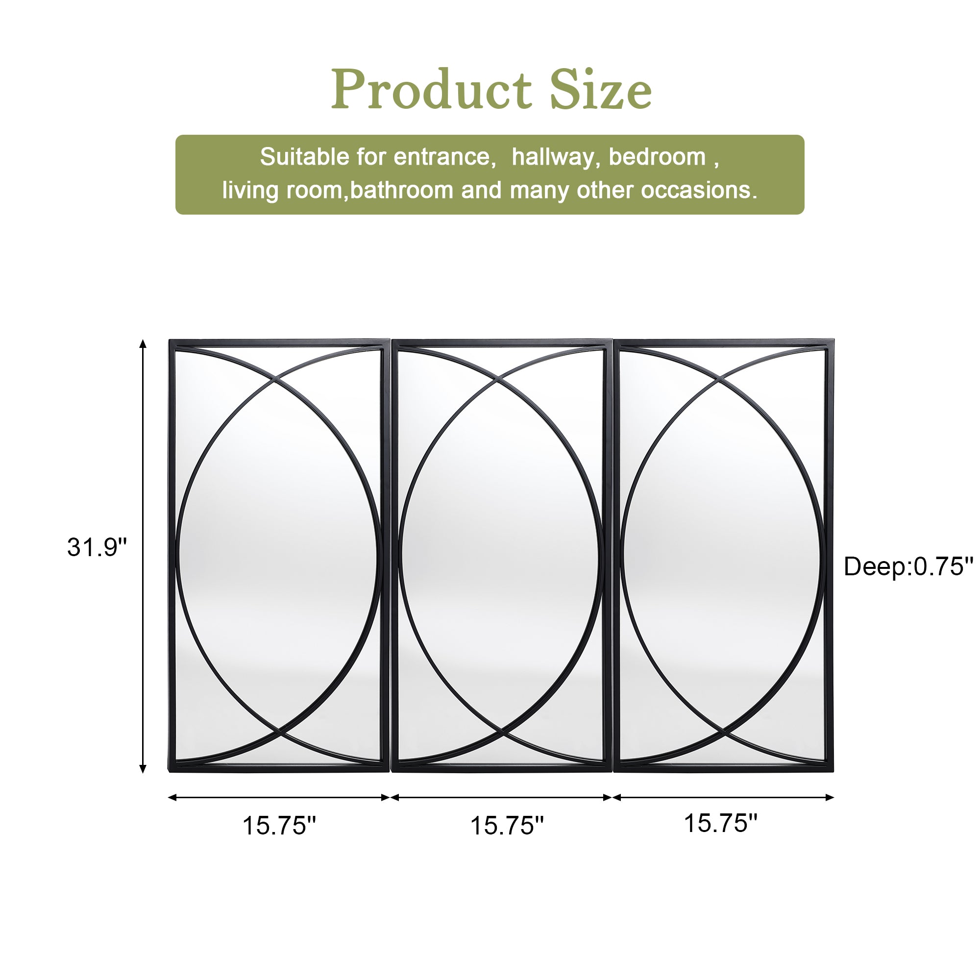 3-teiliges Wandspiegel-Set mit schwarzem Metallrahmen und geometrischem Design