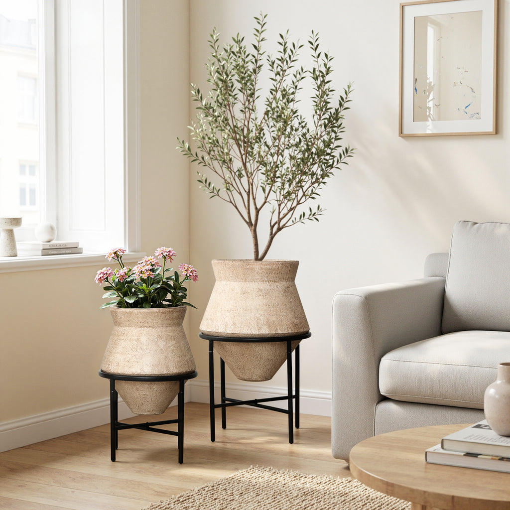 Hometopia 2er Blumentopf Set Frostsicher Formstabil Ø31 & 25 cm ohne Ablaufloch (Hellbraun)
