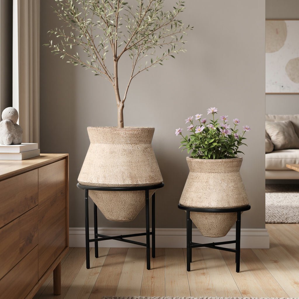 Hometopia 2er Blumentopf Set Frostsicher Formstabil Ø31 & 25 cm ohne Ablaufloch (Hellbraun)
