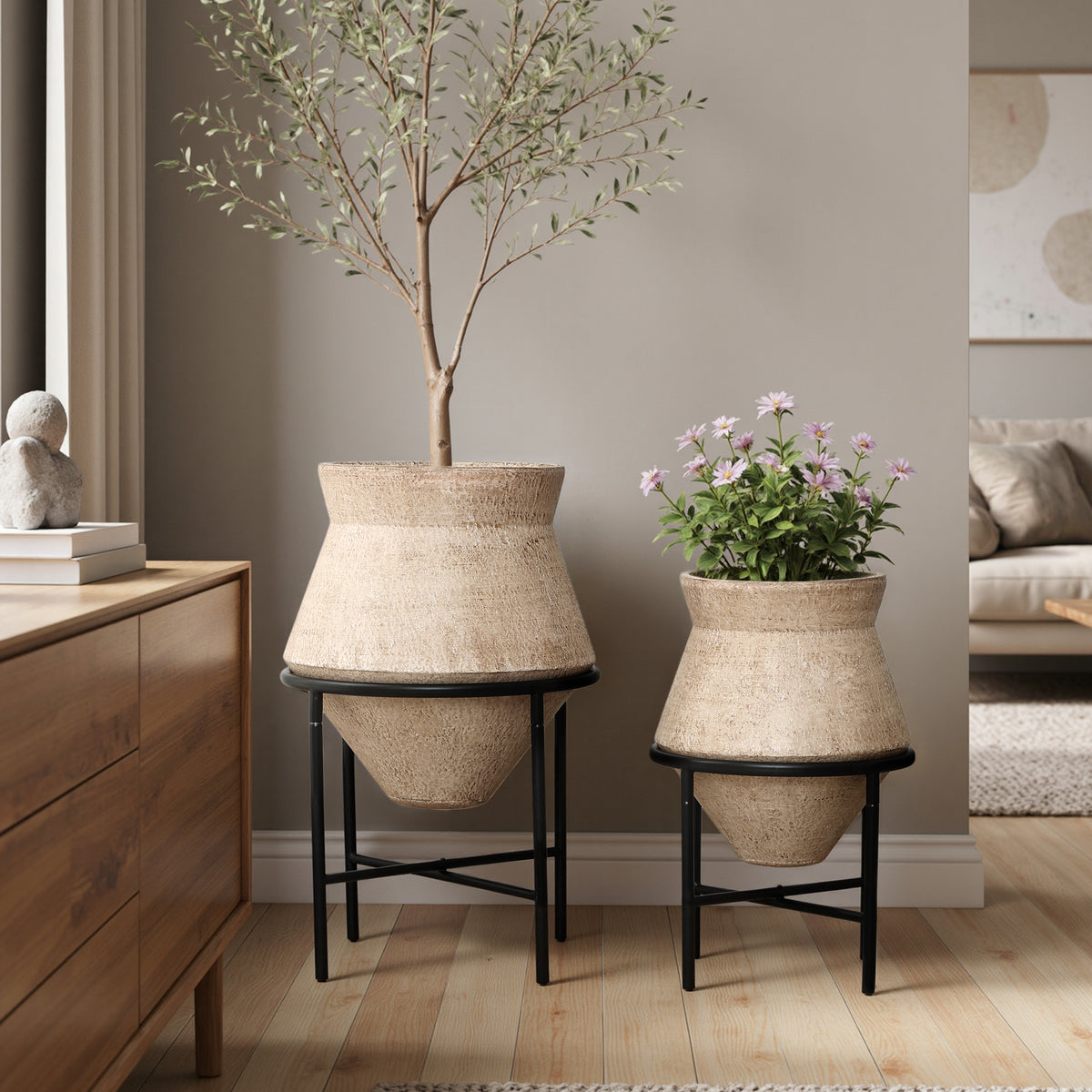 Hometopia 2er Blumentopf Set Frostsicher Formstabil Ø31 & 25 cm ohne Ablaufloch (Hellbraun)