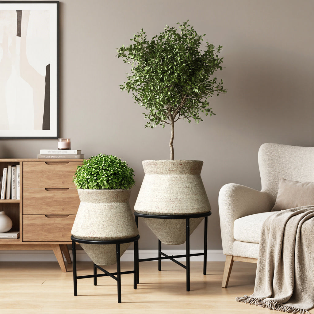 Hometopia 2er Blumentopf Set Frostsicher Formstabil Ø31 & 25 cm ohne Ablaufloch (Beige)