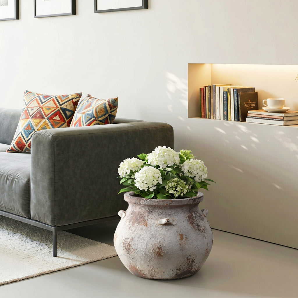 Hometopia Blumentopf Vintage mit Ablaufloch Frostsicher Formstabil  für Außen & Innen, Massiver Pflanzkübel mit Drainage-Loch ideal für Wohnzimmer, Küche und Balkon (Altweiß, Ø38xH30cm )