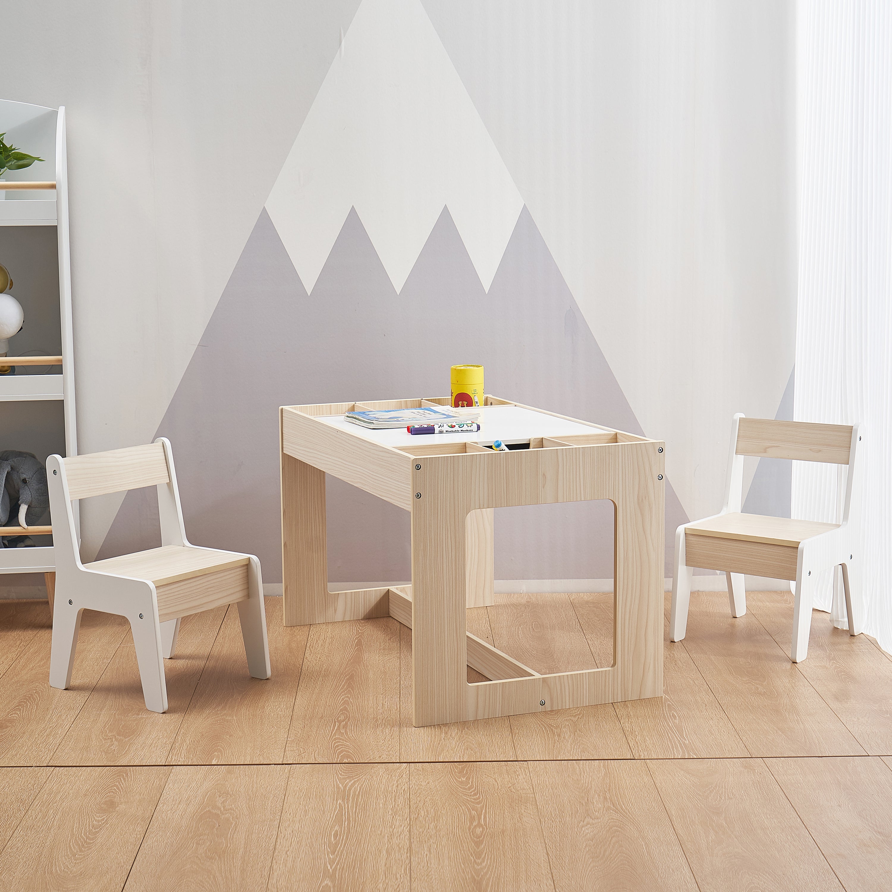 Kinder-Maltisch mit 2 Stühlen, doppelseitiger Tafel und Stauraum