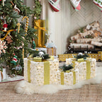 3er-Set LED-Geschenkboxen – Weihnachtsdeko mit Schneeflocken- und Tannenmuster, verziert mit goldenen Schleifen, Zweigen & silbernen Beeren