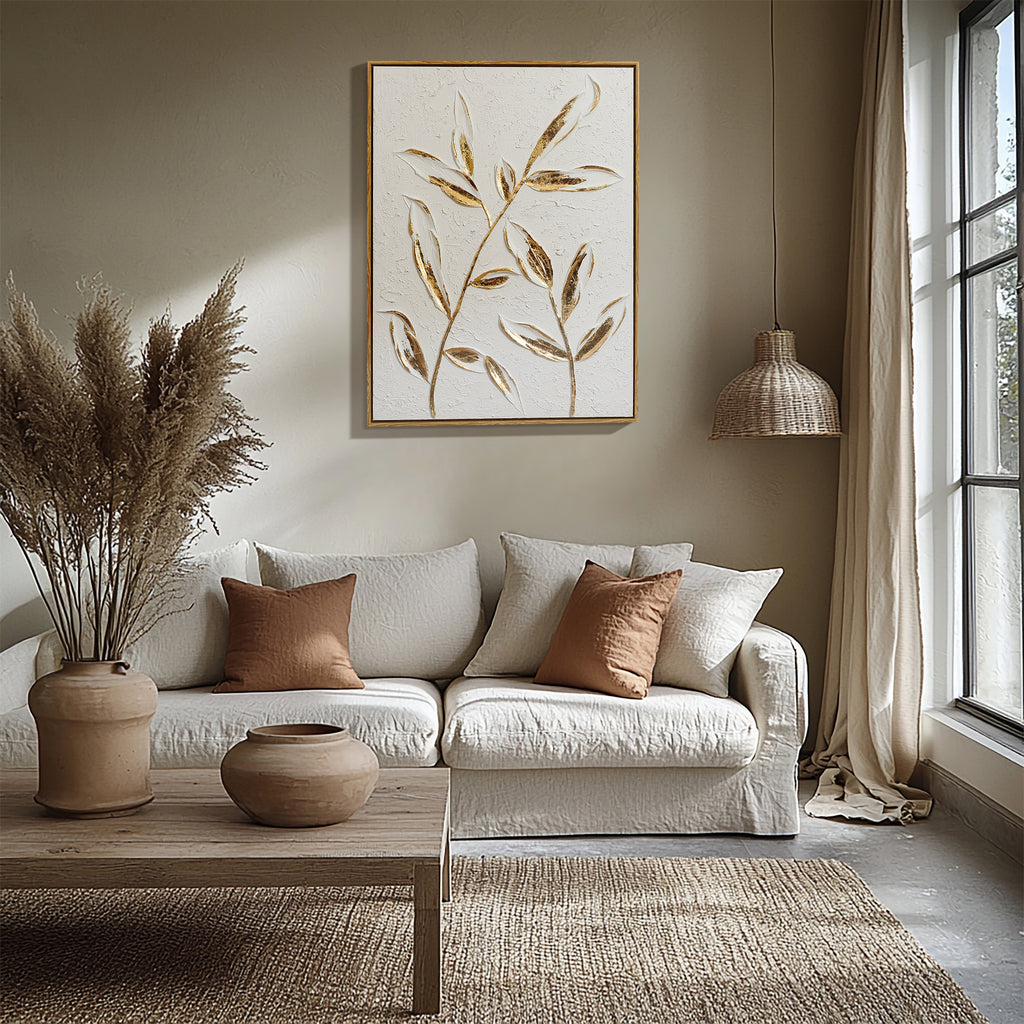 Wanddeko mit Reliefstruktur und goldenen Blättern