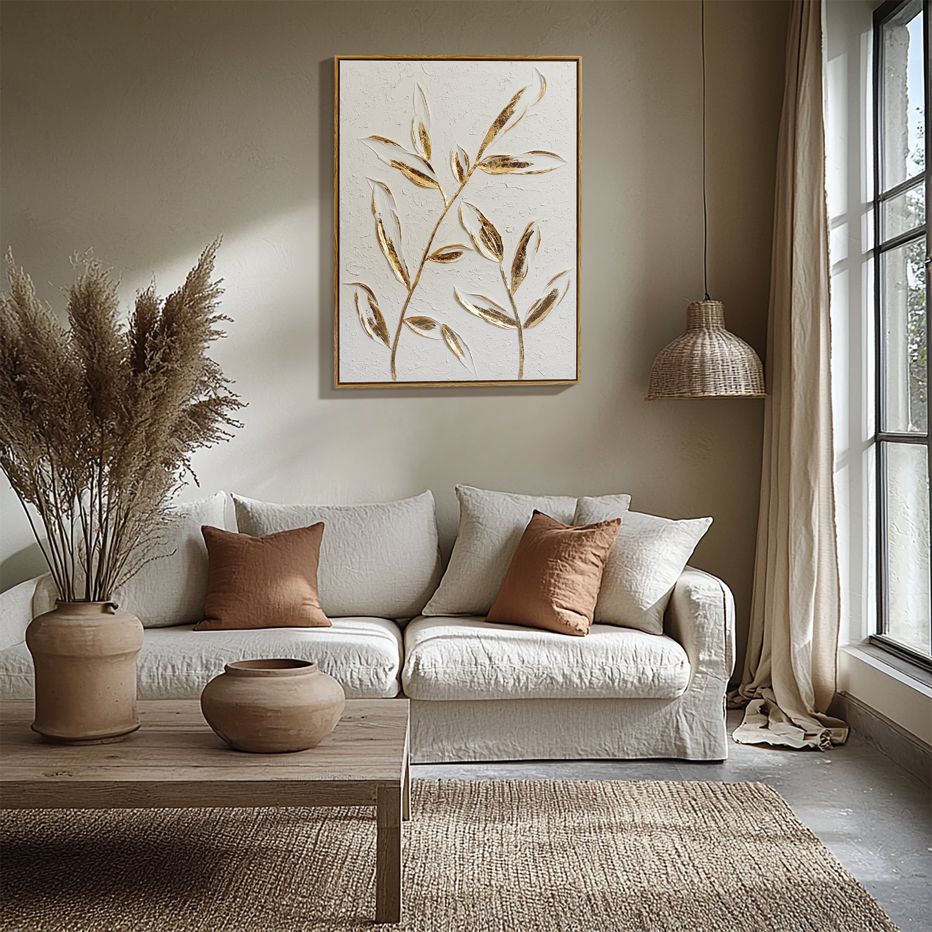 Wanddeko mit Reliefstruktur und goldenen Blättern