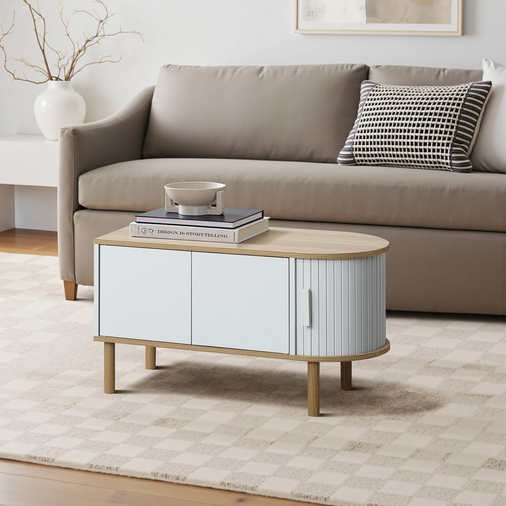 Couchtisch aus Holz in Grau-Weiß mit 2 Türen – skandinavisch/minimalistisch