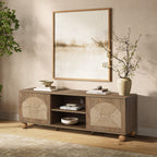 TV-Board aus Holz im Landhausstil – 2 Türen mit Flecht-Front und offenen Ablagefächern, naturfarben