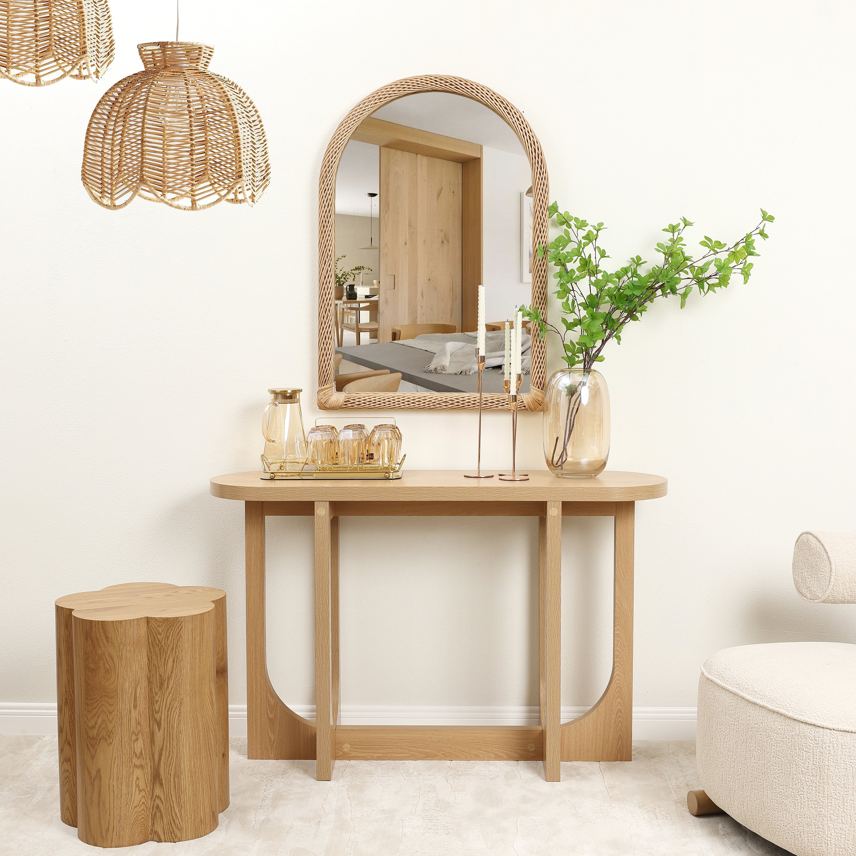 Wandspiegel mit Bambusrahmen in Bogenform