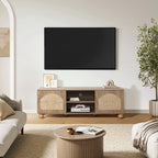 TV-Board aus Holz im Landhausstil – 2 Türen mit Flecht-Front und offenen Ablagefächern, naturfarben