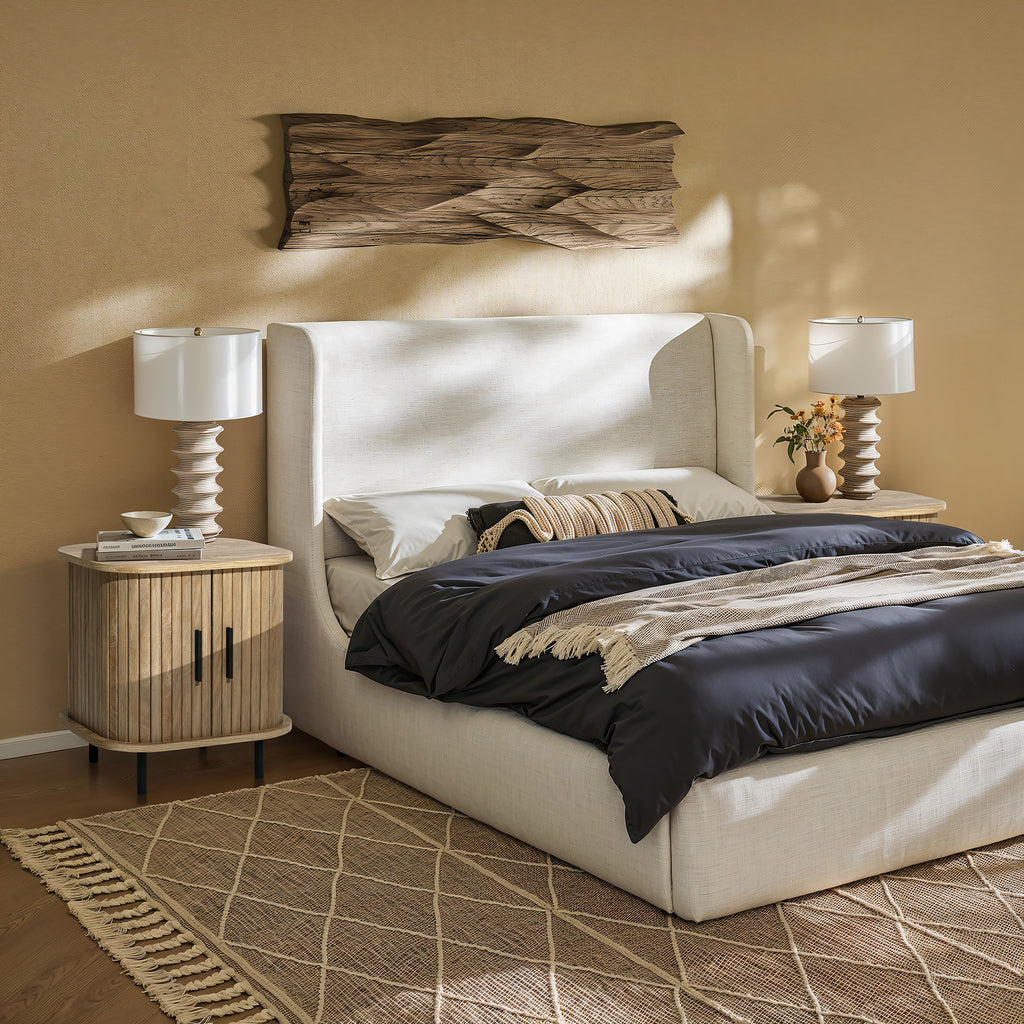 Nachttisch aus Holz im Mid-Century Stil – Beistelltisch mit Rolltür für Schlafzimmer und Wohnzimmer