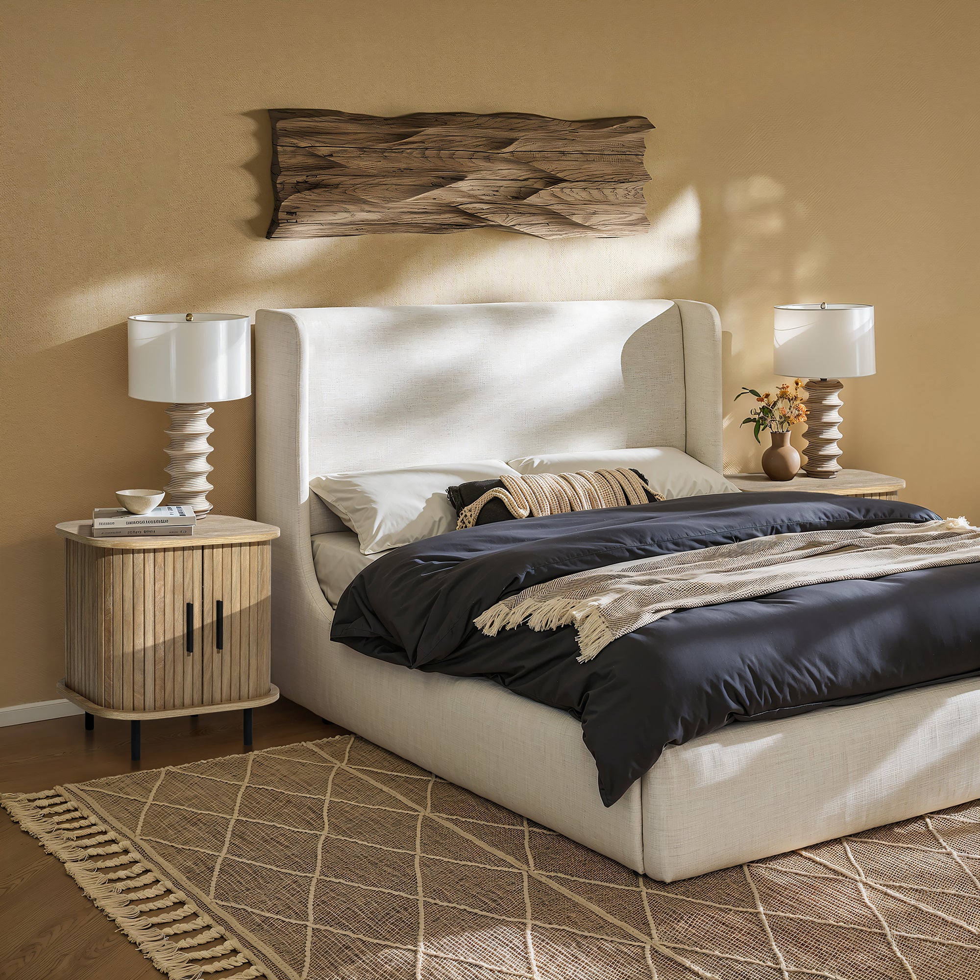 Nachttisch aus Holz im Mid-Century Stil – Beistelltisch mit Rolltür für Schlafzimmer und Wohnzimmer