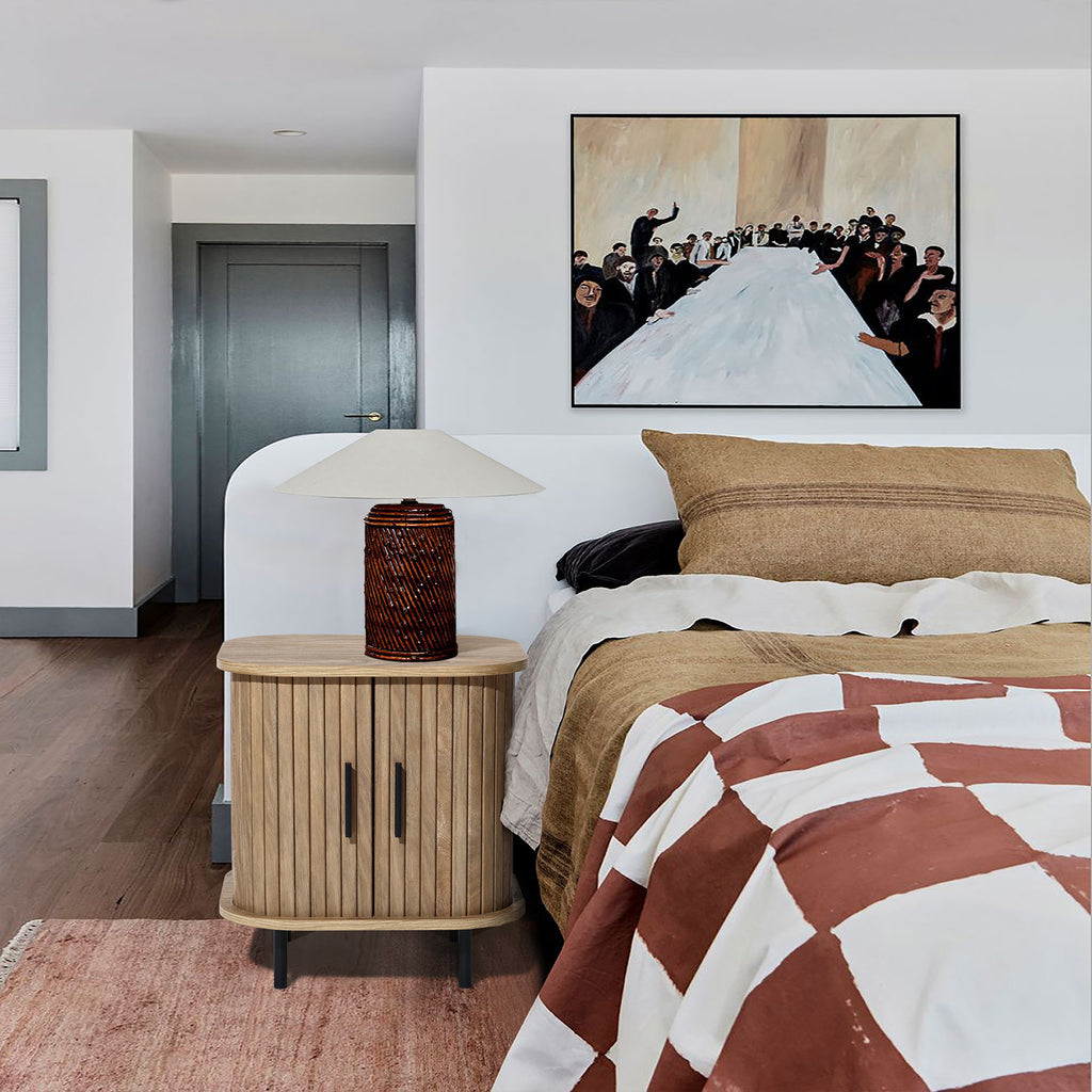 Nachttisch aus Holz im Mid-Century Stil – Beistelltisch mit Rolltür für Schlafzimmer und Wohnzimmer