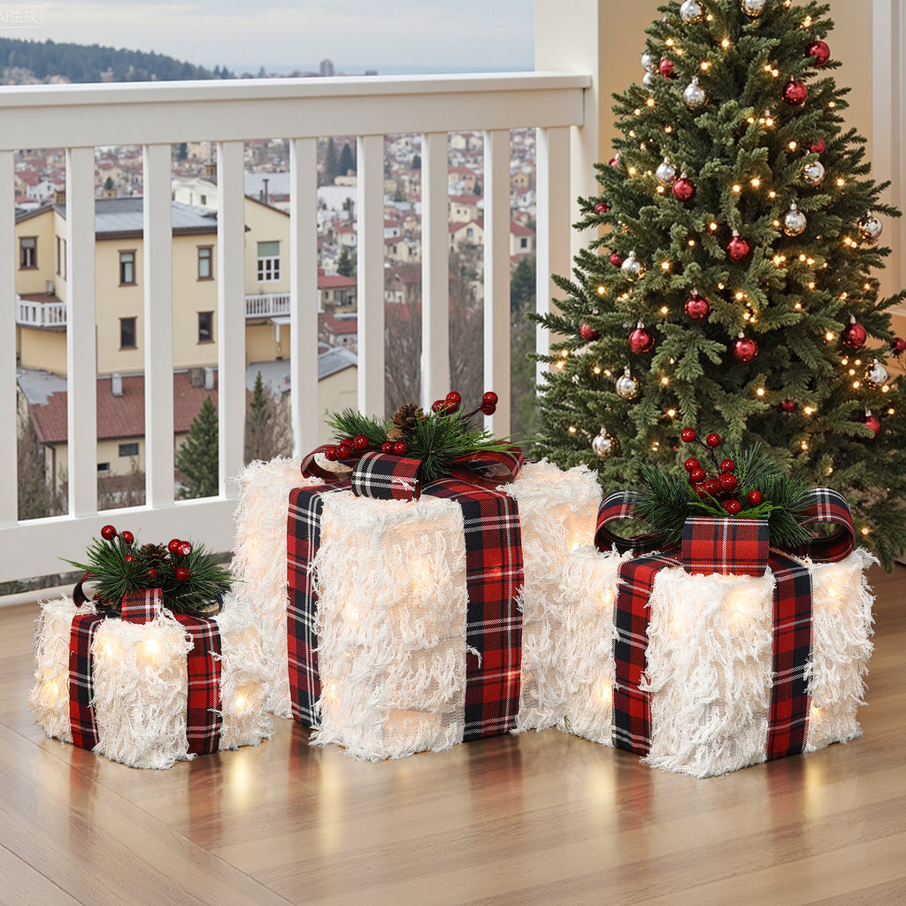3er-Set LED-Geschenkboxen – Weihnachtsdeko im Plüsch-Design mit karierten Schleifen und Beeren