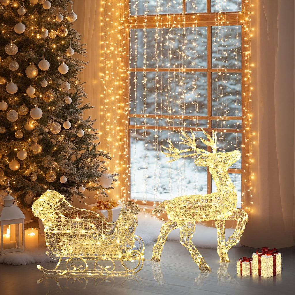 LED-Rentier mit Schlitten – Weihnachtsdeko mit warmweißen Lichtern für Innen und Außen