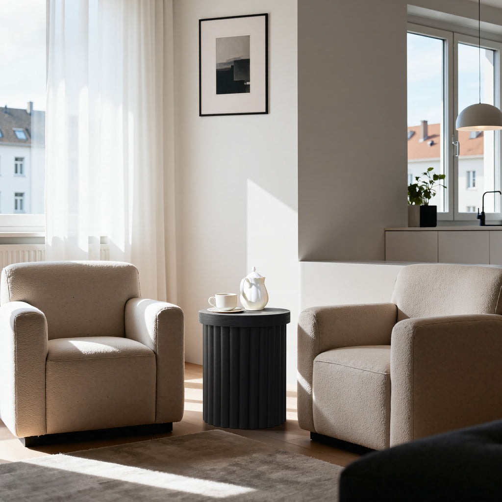 Moderner runder Beistelltisch in Schwarz mit Holzoptik