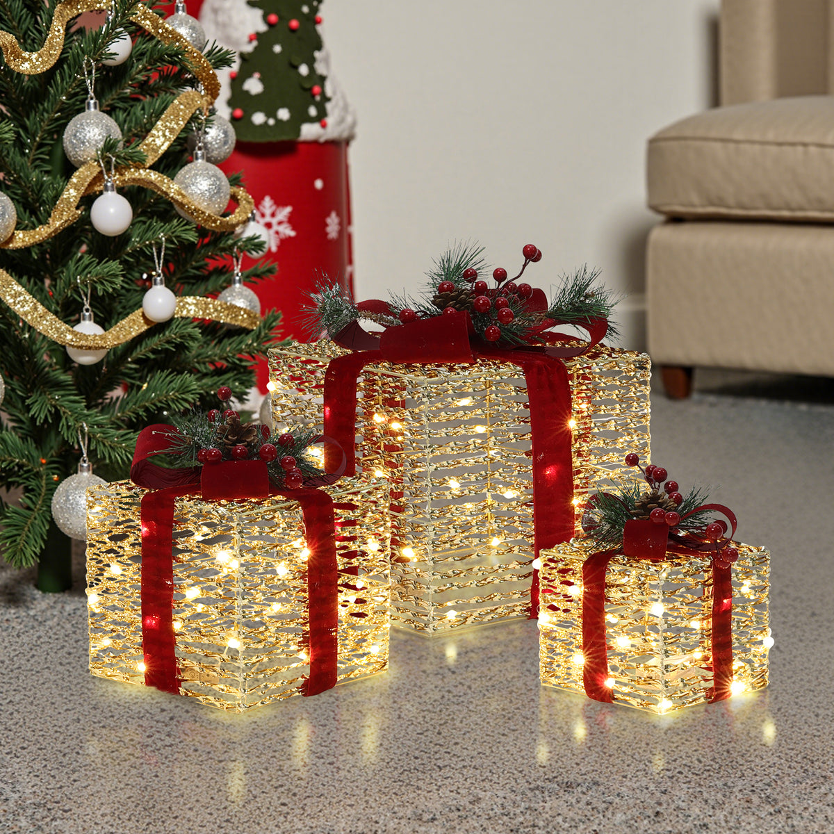 3er-Set LED-Geschenkboxen – Weihnachtsdeko in silber mit roten Schleifen und Beeren – Batteriebetrieben