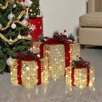 3er-Set LED-Geschenkboxen – Weihnachtsdeko in silber mit roten Schleifen und Beeren – Batteriebetrieben