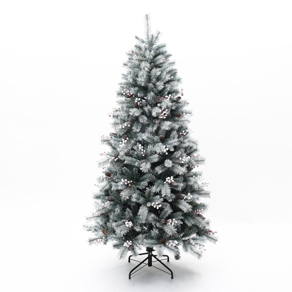 180 cm künstlicher Weihnachtsbaum mit Frost-Effekt – dekoriert mit Schneezapfen & roten Beeren