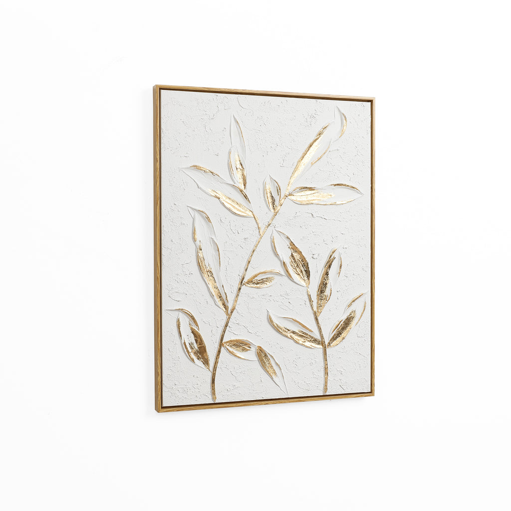 Wanddeko mit Reliefstruktur und goldenen Blättern