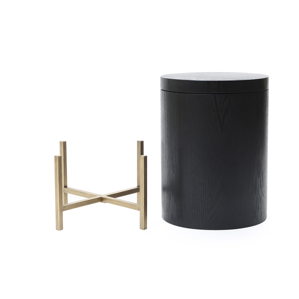 Runder Beistelltisch mit Stauraum, Schwarz Holzoptik und Gold Metallgestell