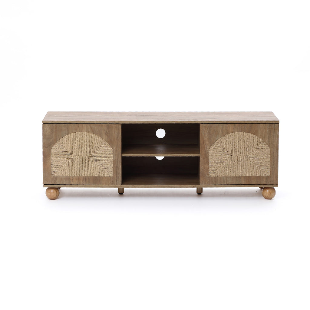 TV-Board aus Holz im Landhausstil – 2 Türen mit Flecht-Front und offenen Ablagefächern, naturfarben