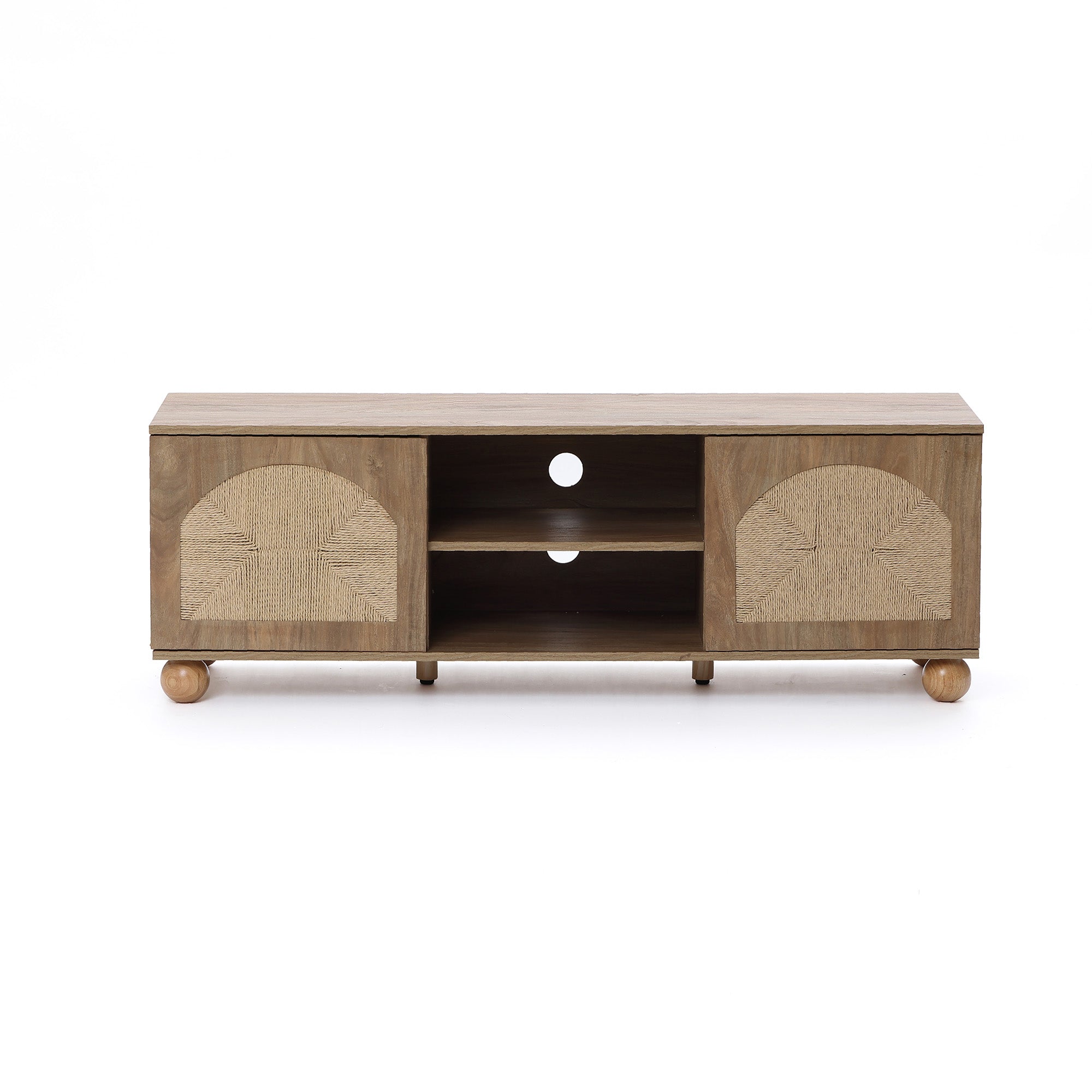 TV-Board aus Holz im Landhausstil – 2 Türen mit Flecht-Front und offenen Ablagefächern, naturfarben
