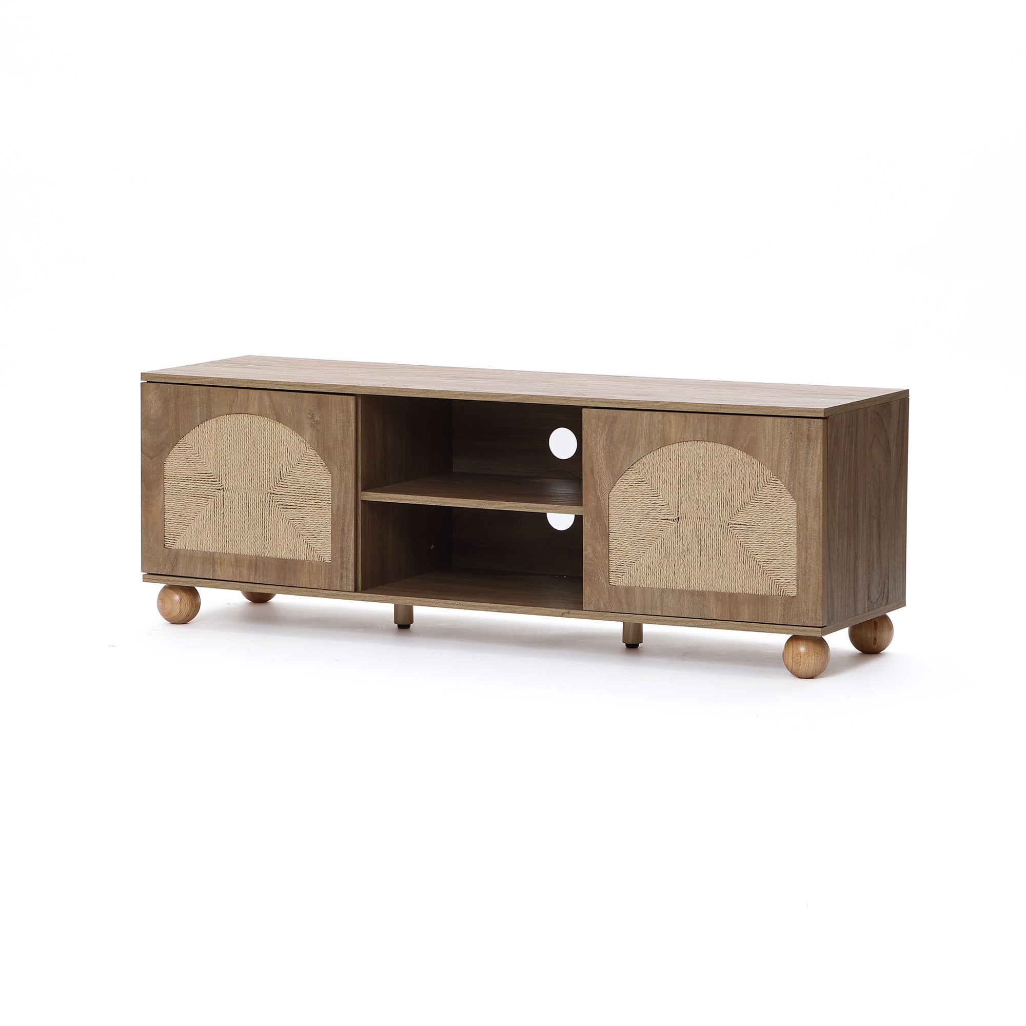 TV-Board aus Holz im Landhausstil – 2 Türen mit Flecht-Front und offenen Ablagefächern, naturfarben