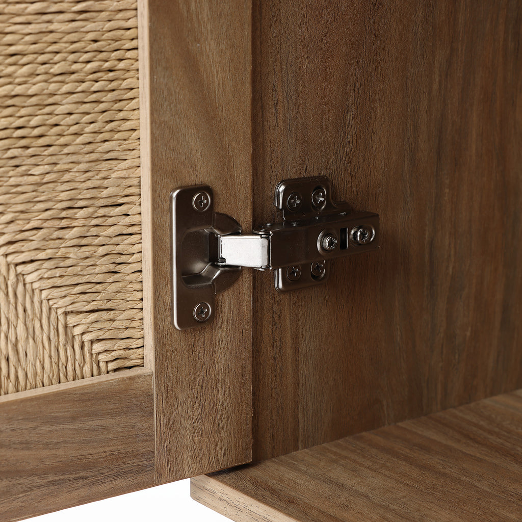 TV-Board aus Holz im Landhausstil – 2 Türen mit Flecht-Front und offenen Ablagefächern, naturfarben