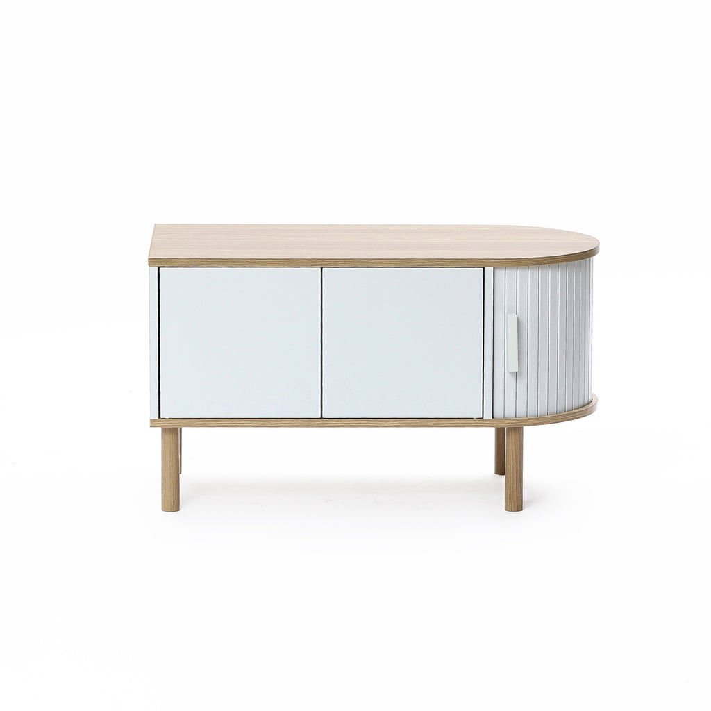 Couchtisch aus Holz in Grau-Weiß mit 2 Türen – skandinavisch/minimalistisch