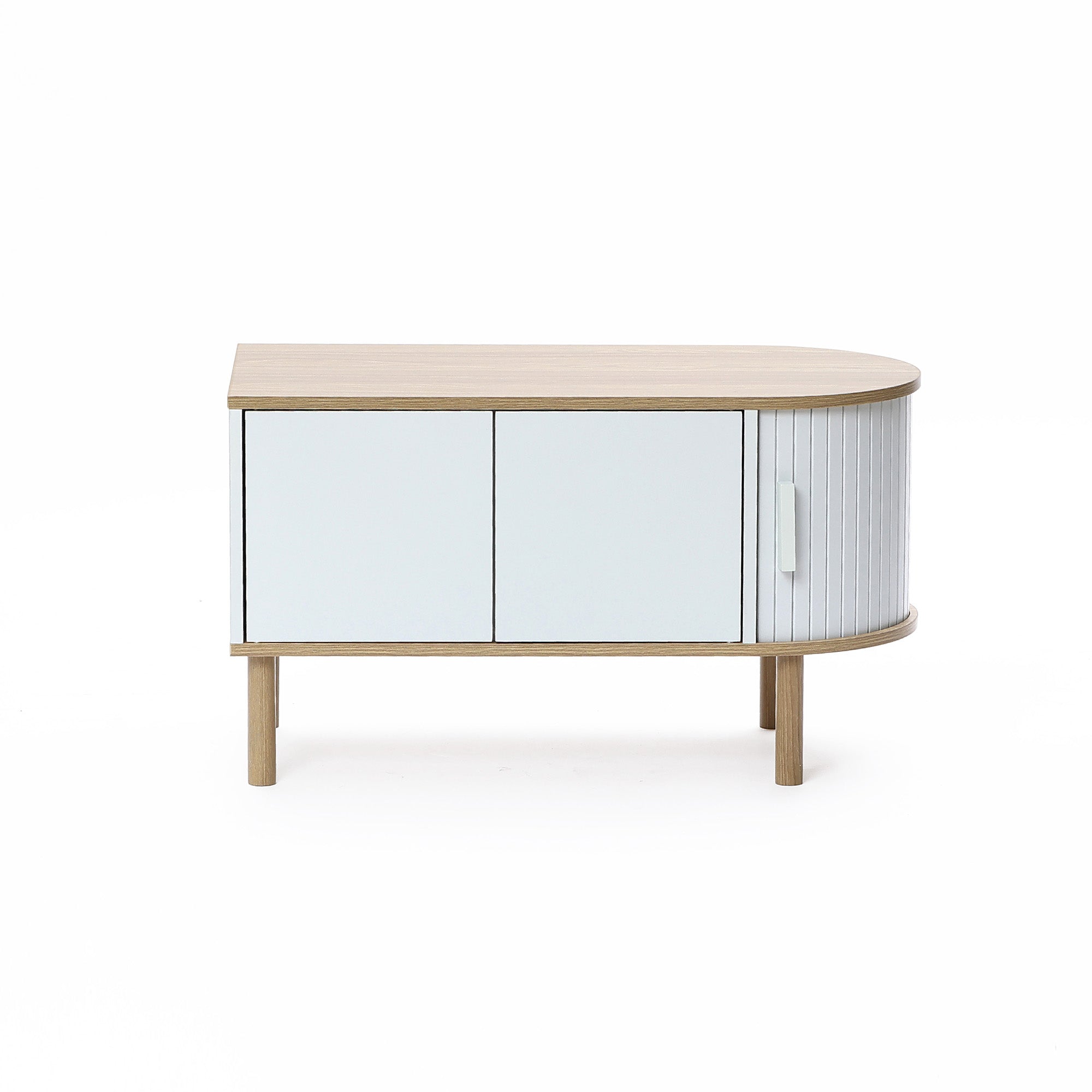 Couchtisch aus Holz in Grau-Weiß mit 2 Türen – skandinavisch/minimalistisch