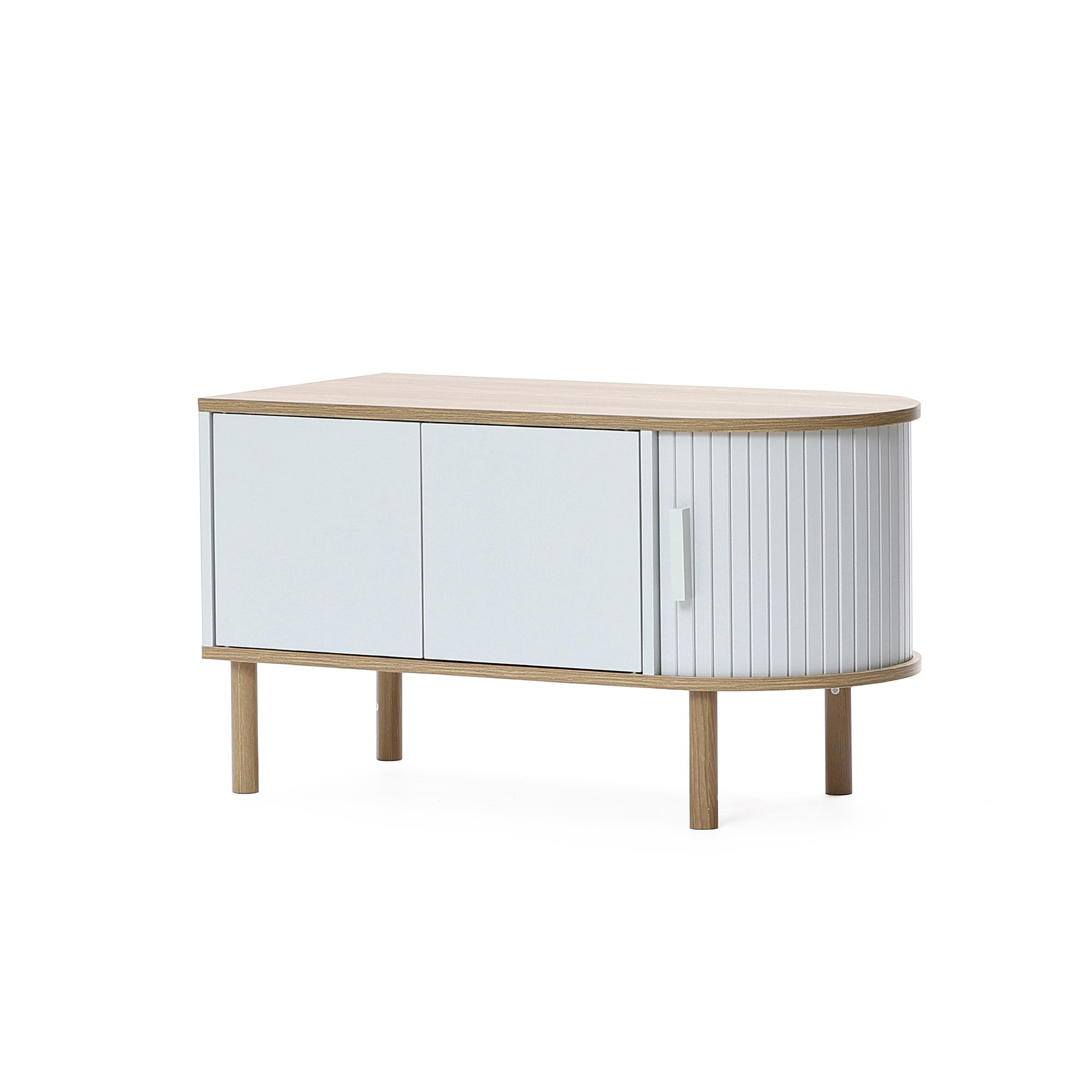 Couchtisch aus Holz in Grau-Weiß mit 2 Türen – skandinavisch/minimalistisch