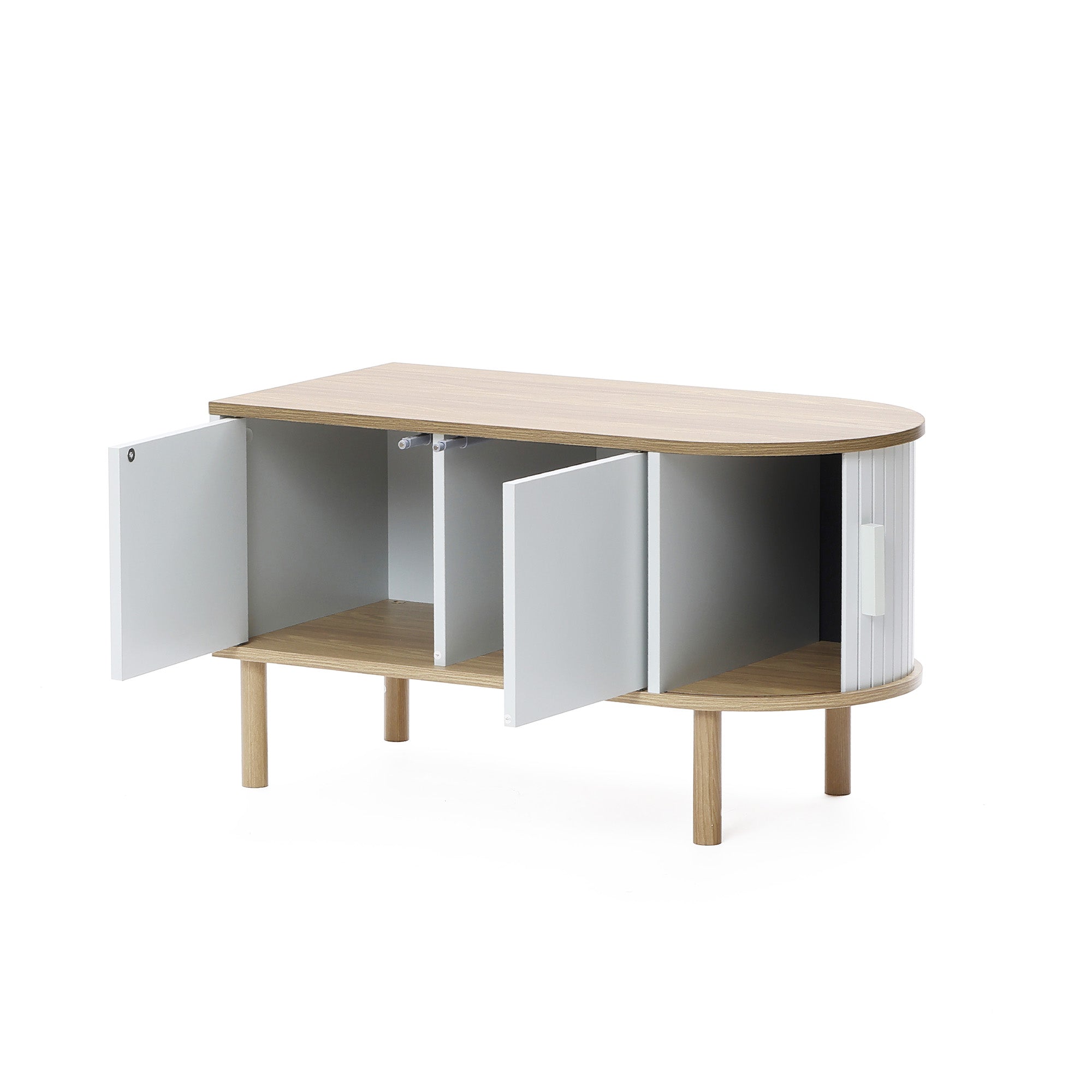 Couchtisch aus Holz in Grau-Weiß mit 2 Türen – skandinavisch/minimalistisch