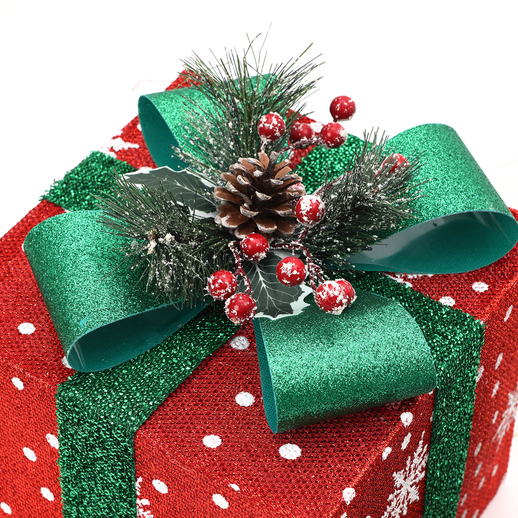 3er-Set LED-Geschenkboxen – Weihnachtsdeko in Rot, Grün & Blau mit Schneeflocken-Muster