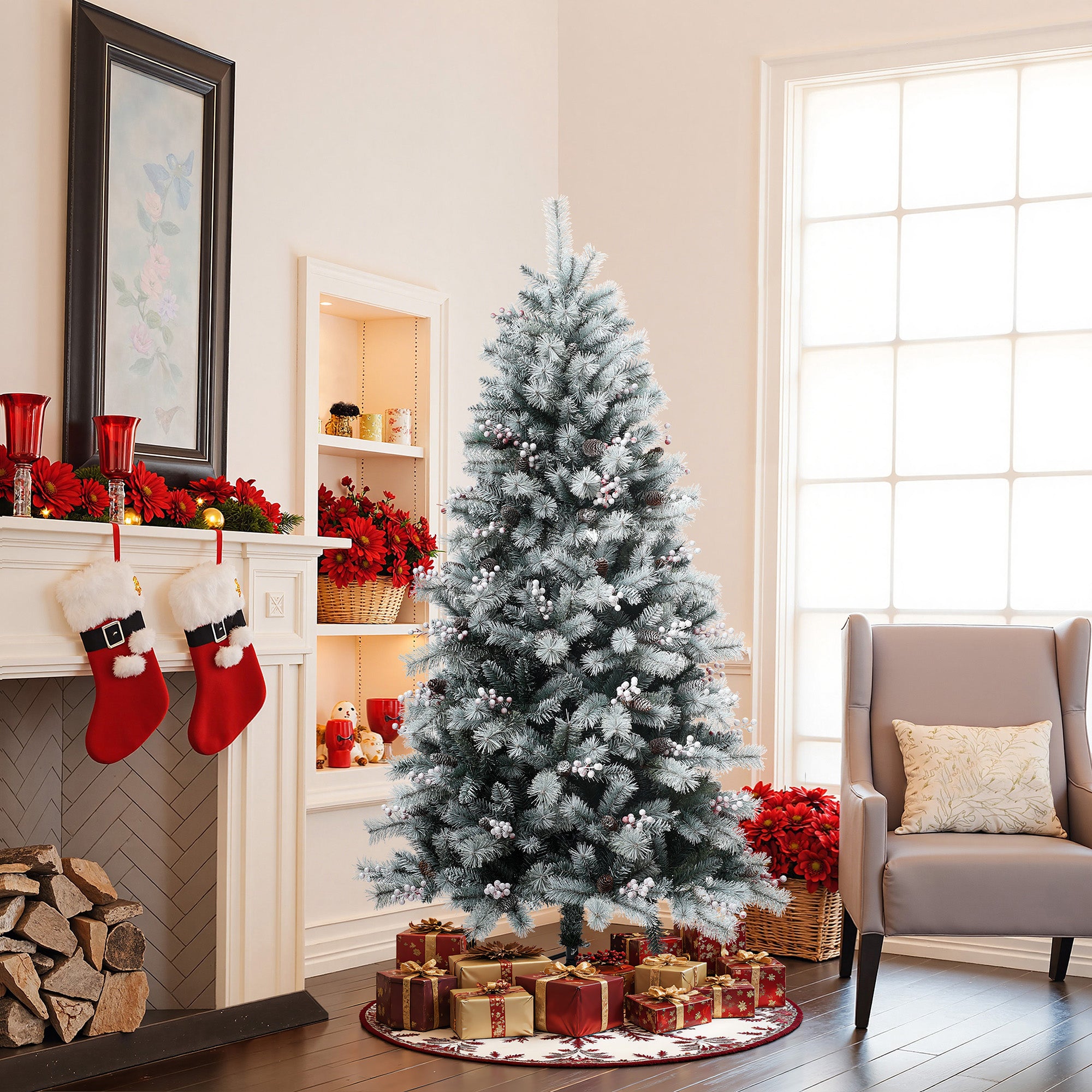 180 cm künstlicher Weihnachtsbaum mit Frost-Effekt – dekoriert mit Schneezapfen & roten Beeren