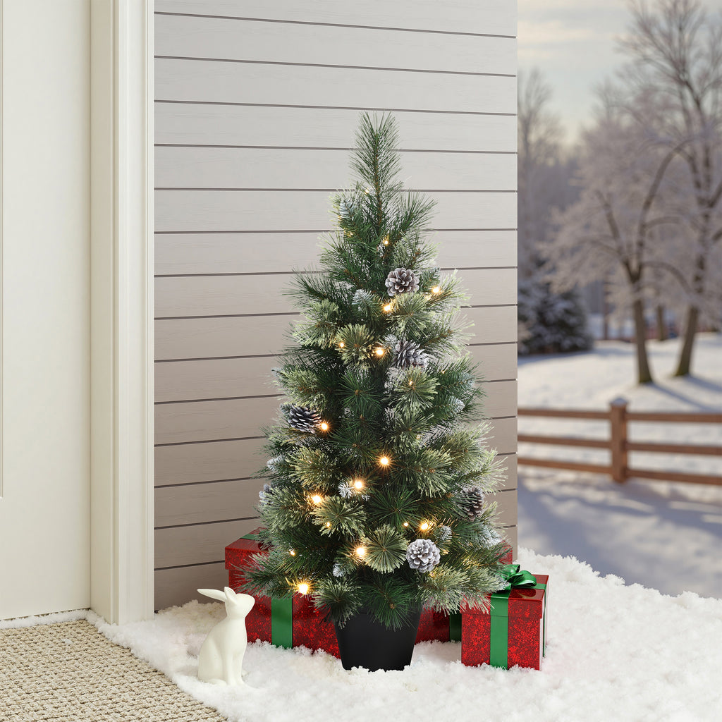 90 cm künstlicher Weihnachtsbaum mit integrierter LED-Beleuchtung und Tannenzapfen-Dekor