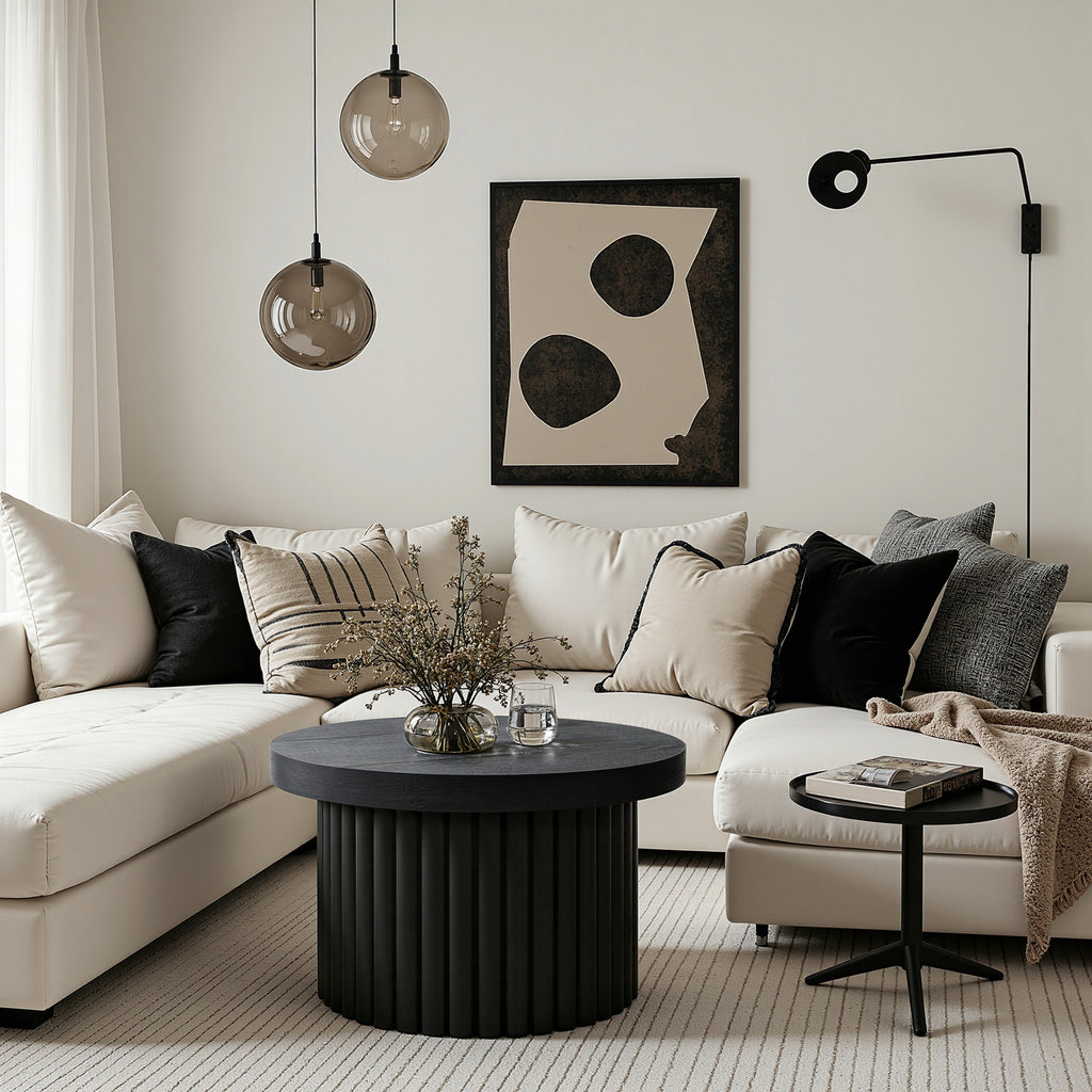 Moderner runder Couchtisch in Schwarz mit Holzoptik