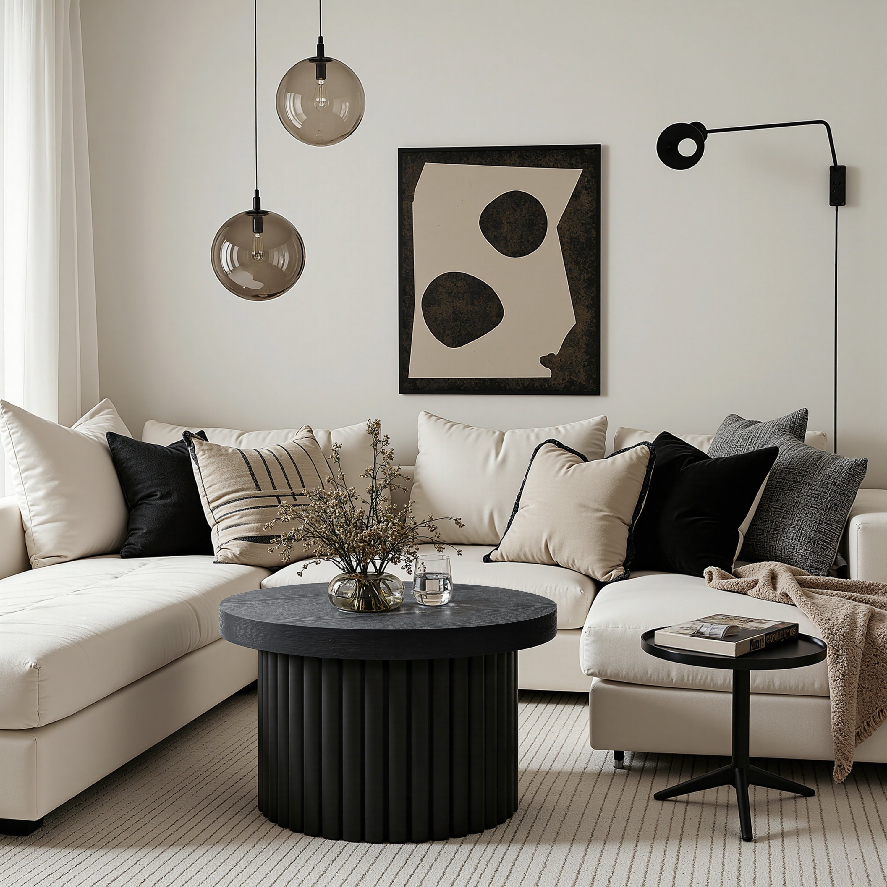 Moderner runder Couchtisch in Schwarz mit Holzoptik