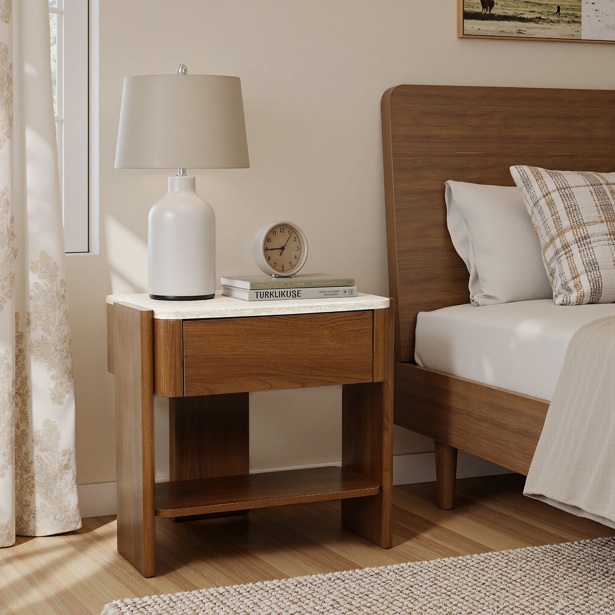 Nachttisch in Marmoroptik 55 cm – Beistelltisch mit Schublade und Ablagefach