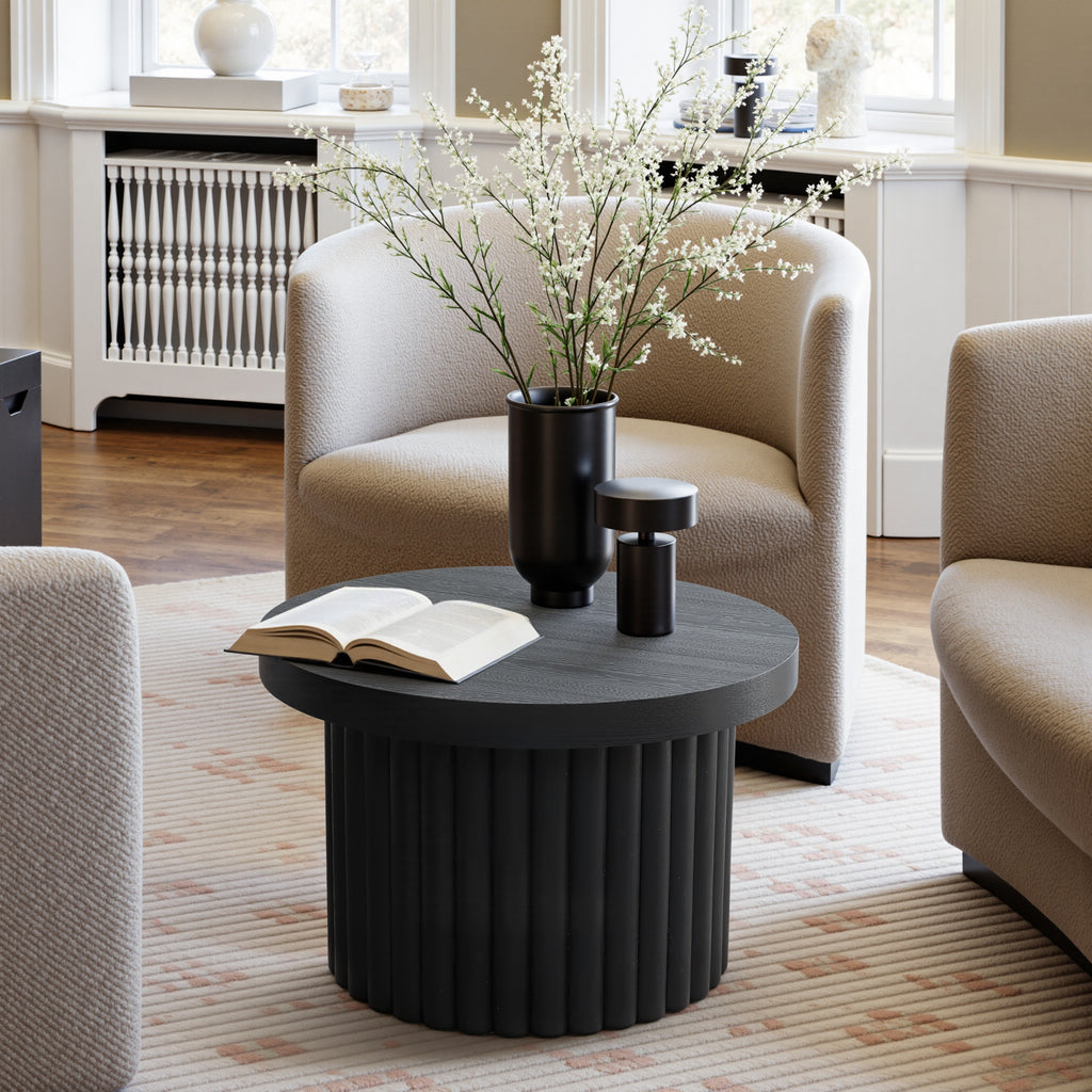 Moderner runder Couchtisch in Schwarz mit Holzoptik