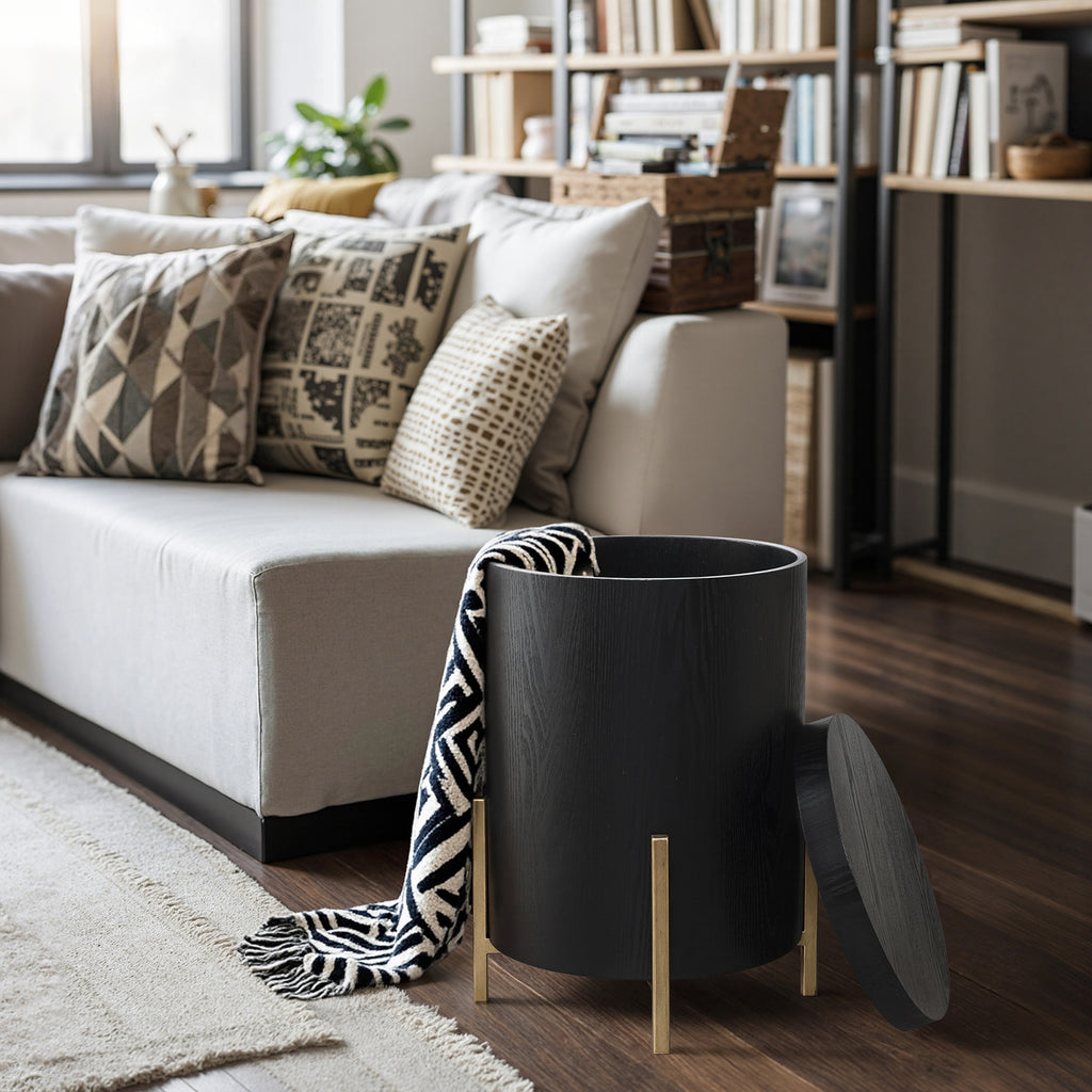 Runder Beistelltisch mit Stauraum, Schwarz Holzoptik und Gold Metallgestell