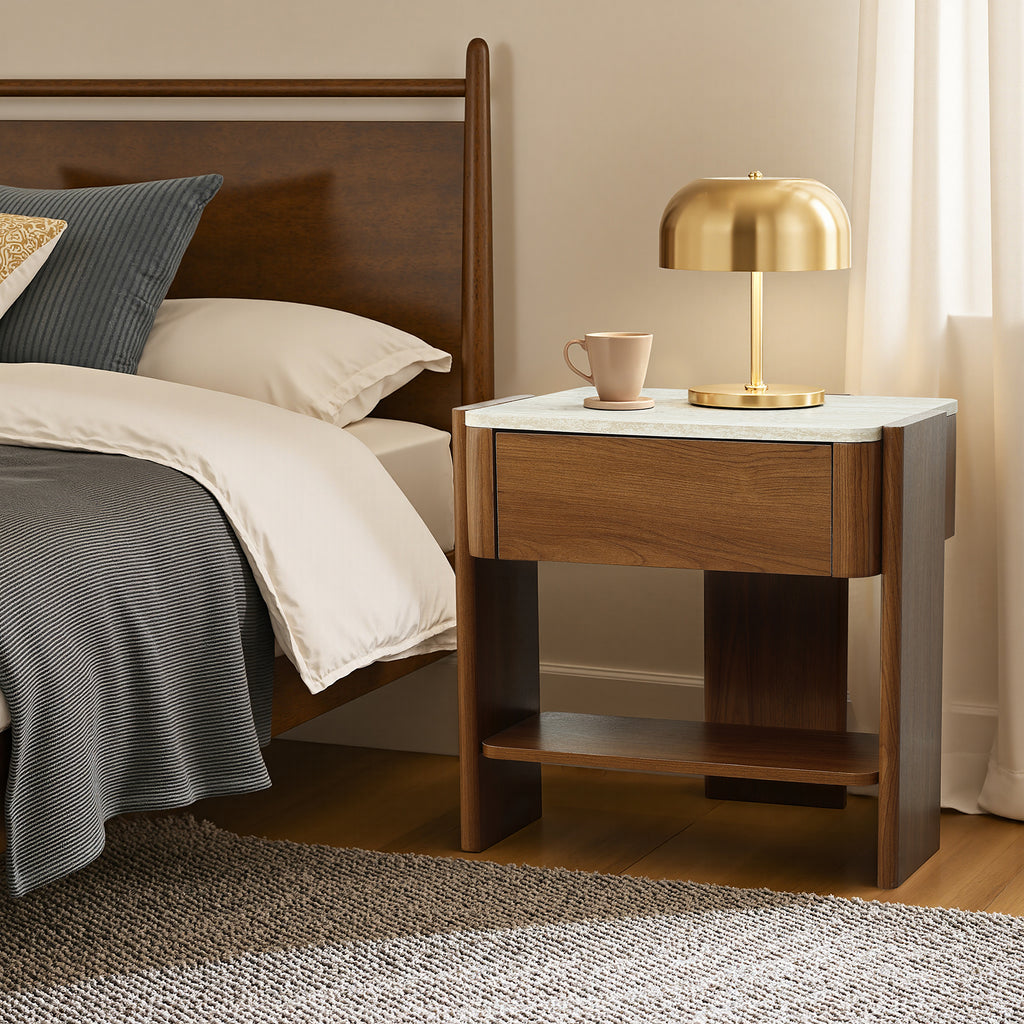 Nachttisch in Marmoroptik 55 cm – Beistelltisch mit Schublade und Ablagefach